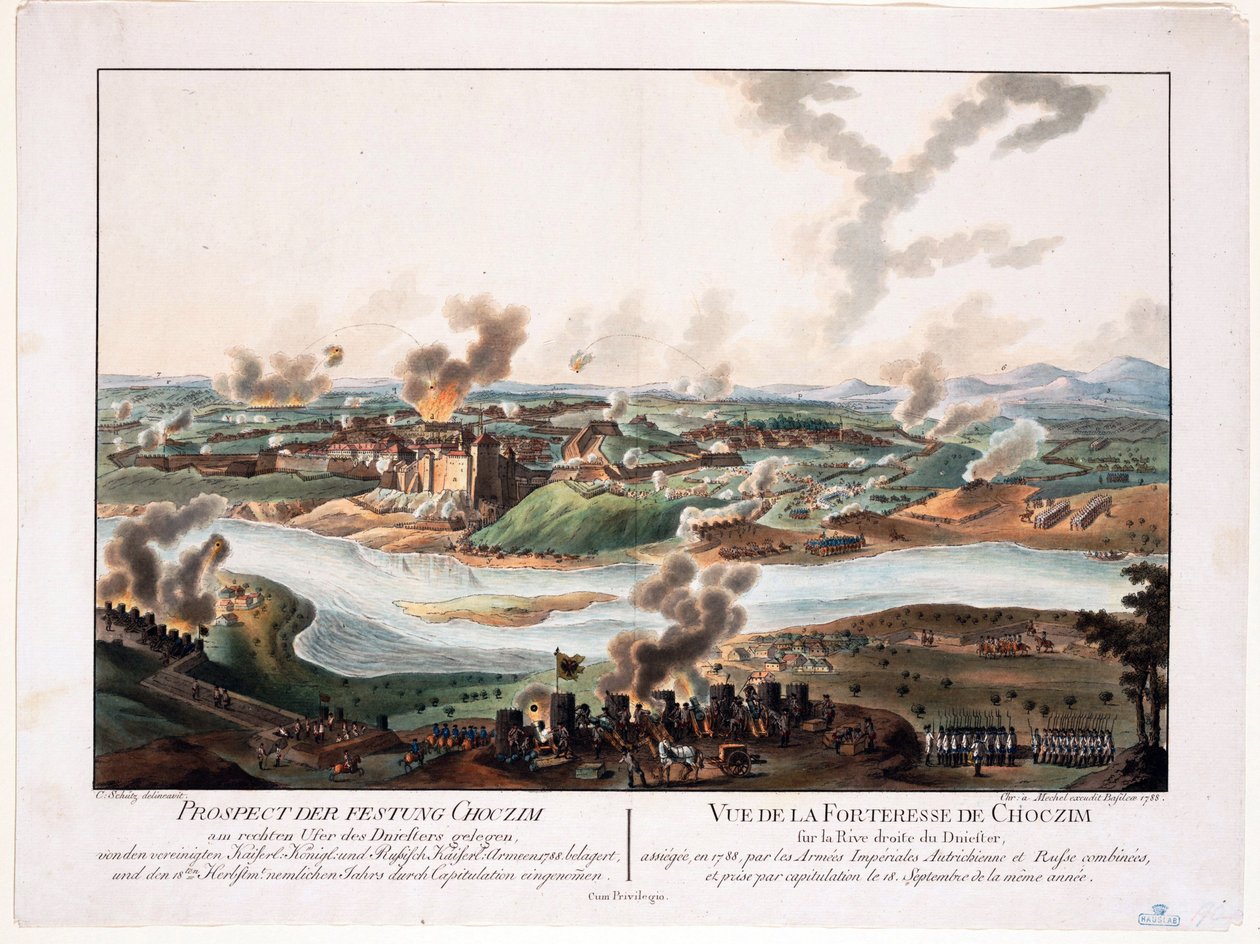 Khotyn ostroma (Chocim, Chotyn, Hotin, Choczim ou Khotine, Ukrajna) 1788-ban - Schuetz, Carl (1745-1800) - 1788 - Rézmetszet, akvarell - 36,6x48,3 - Magángyűjtemény alkotó: Karl von (after) Schutz