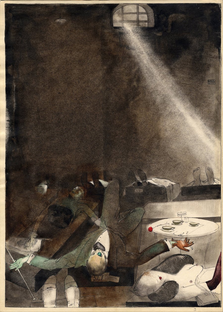 ""Le the de cinq heures a la morgue"" (Ötórai tea a hullaházban) Gravure de Karlis Padegs (1911-1940) - 1935 Dim 34x24 cm Lett Köztársaság Állami Művészeti Múzeuma, Riga Lettonie alkotó: Karlis Padegs