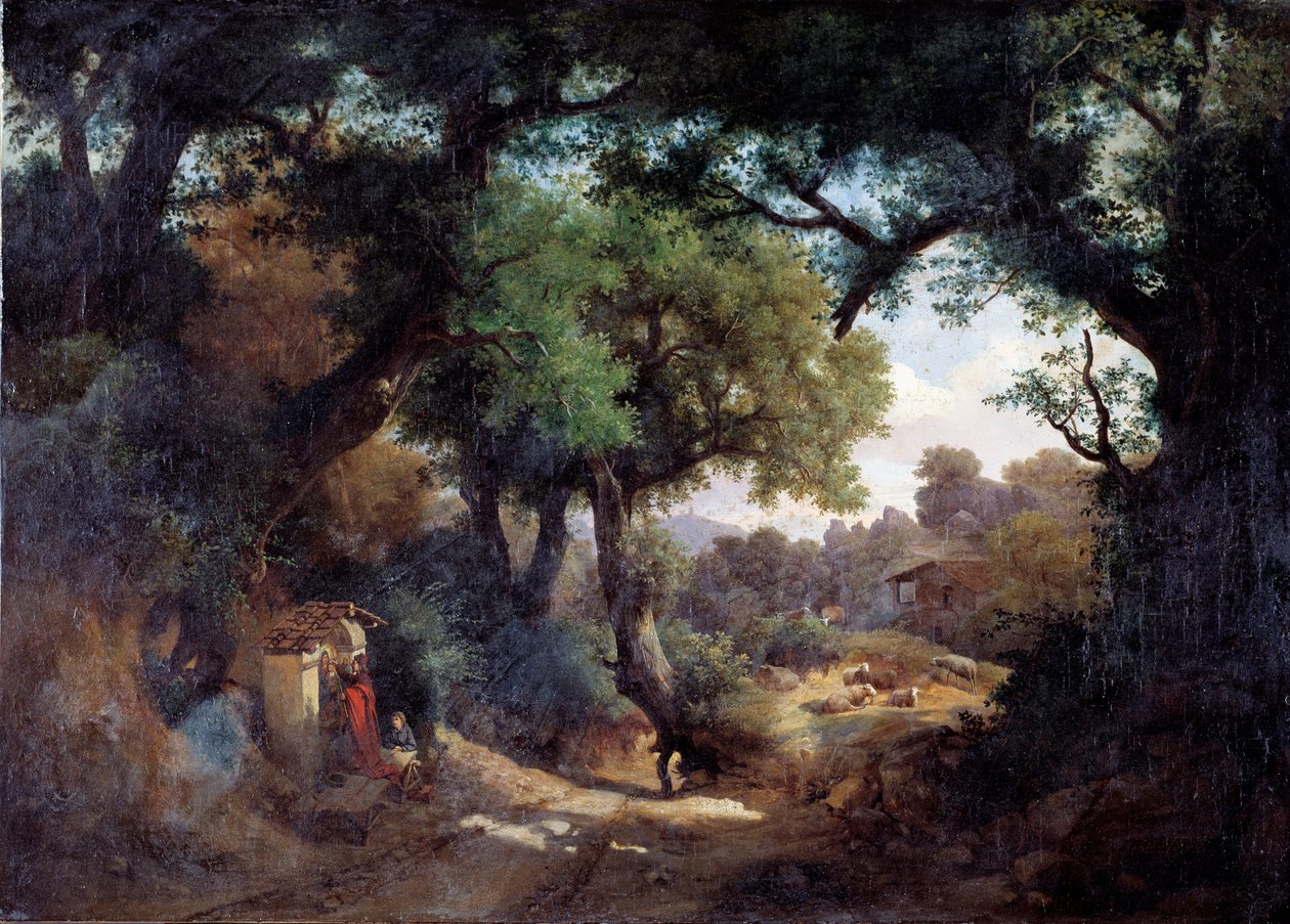 Andrea del Castagno (1419-1457) festő ábrázolása pásztorral a tájban (Andrea del Castagno festő és egy pásztor portréja tájban) Carlo Marko junior (1822-1891) festménye 1863 Méret 59x83 cm Genes, Galleria „Arte Moder alkotó: Karoly II Marko
