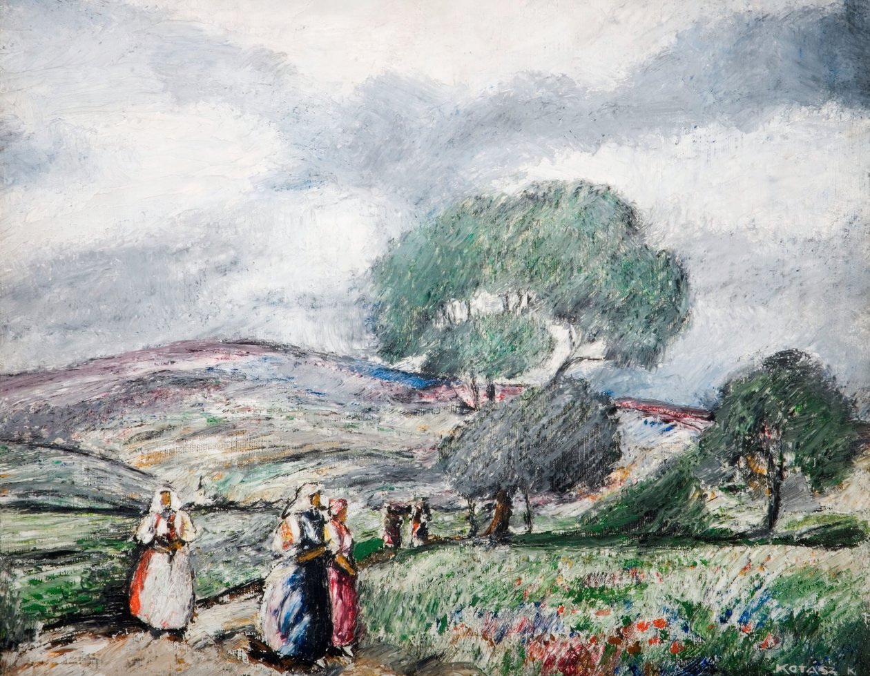 Viharos táj kék és piros figurákkal, 1940. alkotó: Karoly Kotasz