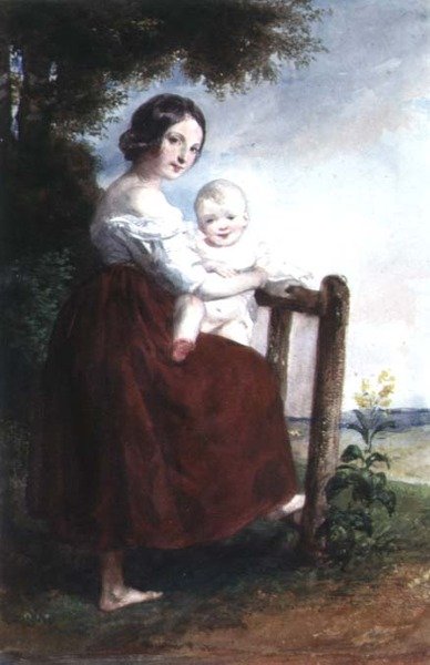 Lány, aki egy babát: Táj háttér alkotó: Karoly or Charles Brocky