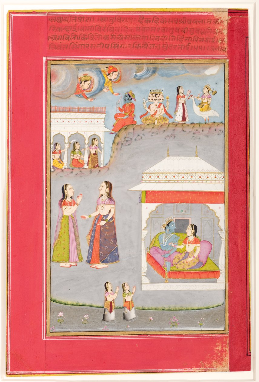 Labdhapraudha Nayika: Káma, Brahma és Szaraszvati, 1750 (átlátszatlan wc és arany, papír) alkotó: Kassam