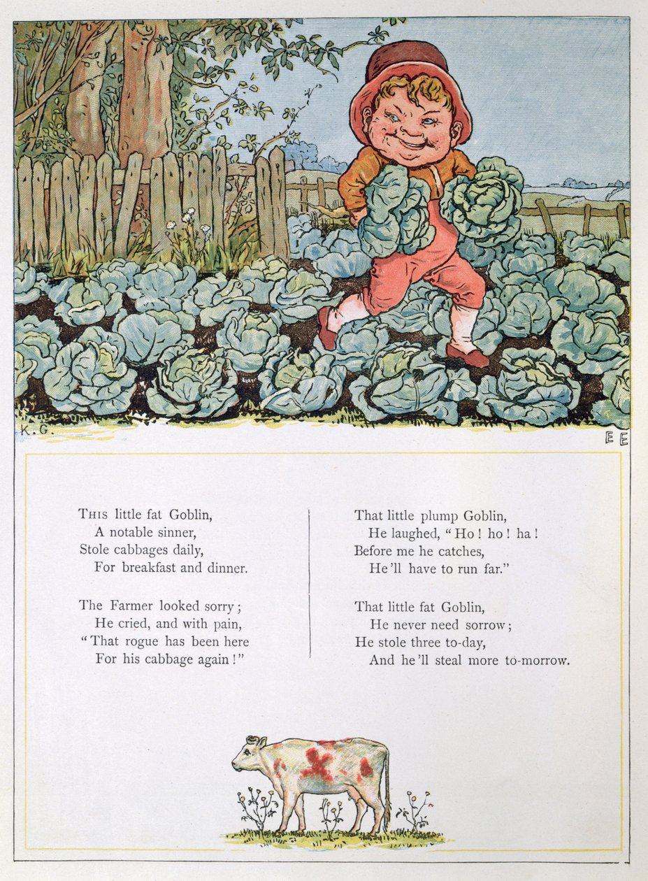Egy kobold káposztát lop, illusztráció az „Ablak alatt” című vershez alkotó: Kate Greenaway