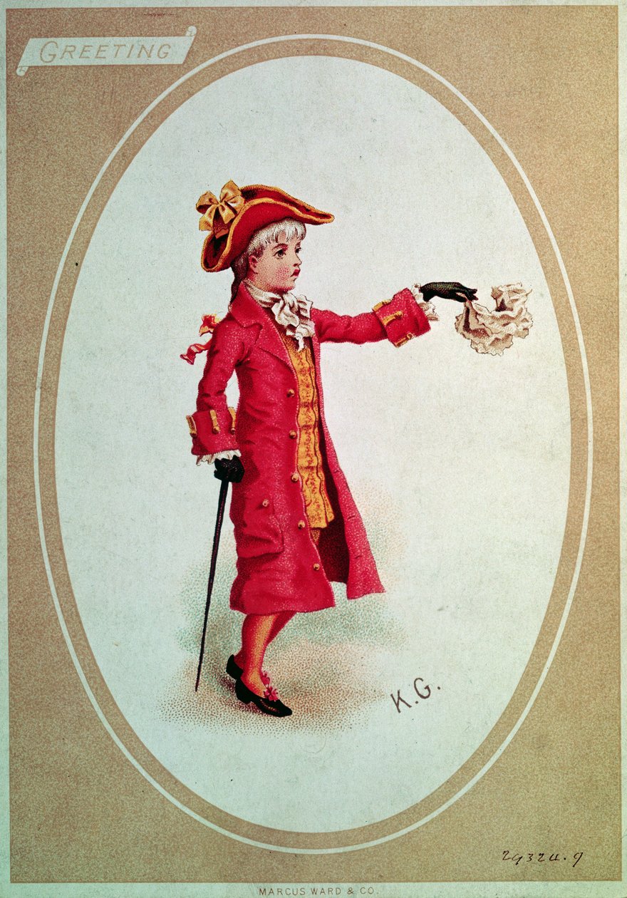 Skarlátba öltözött fiú (viktoriánus kártya) alkotó: Kate Greenaway