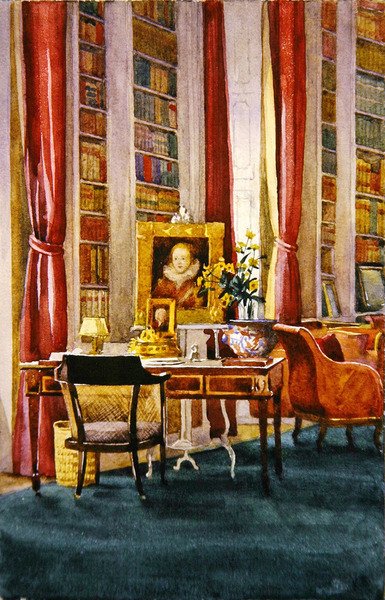 Library, Althorp, Northamptonshire, 1890 körül (akvarell papíron) alkotó: Kate Barnard