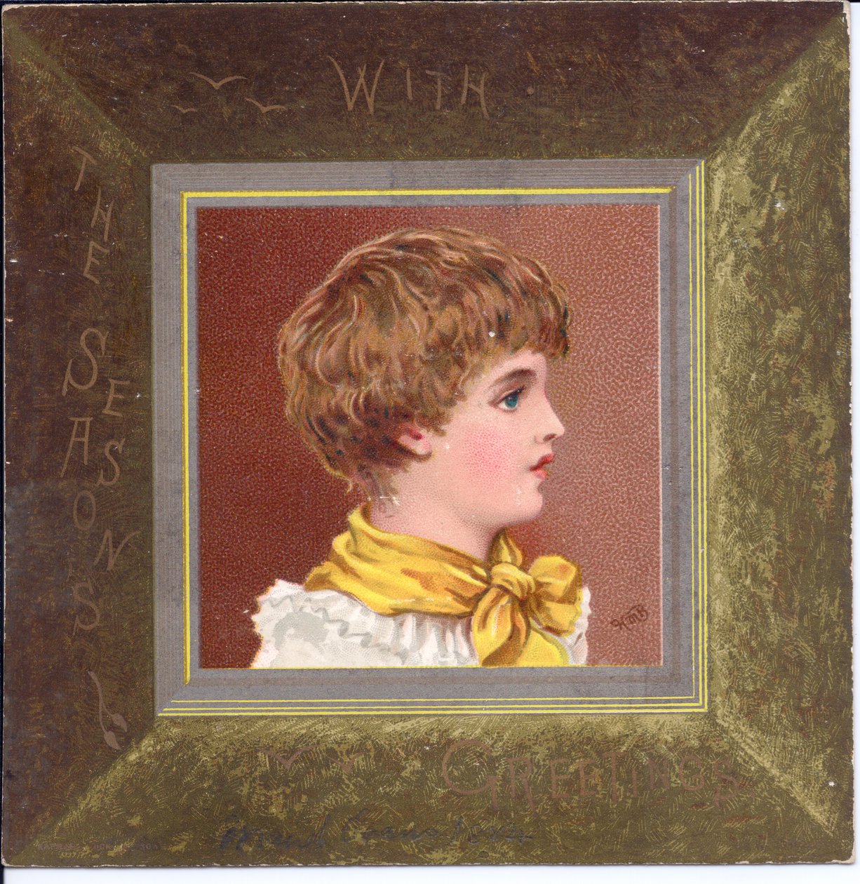 Viktoriánus újévi kártya egy régensruhás, kék sapkát viselő lányról, 1880 körül alkotó: Kate Greenaway