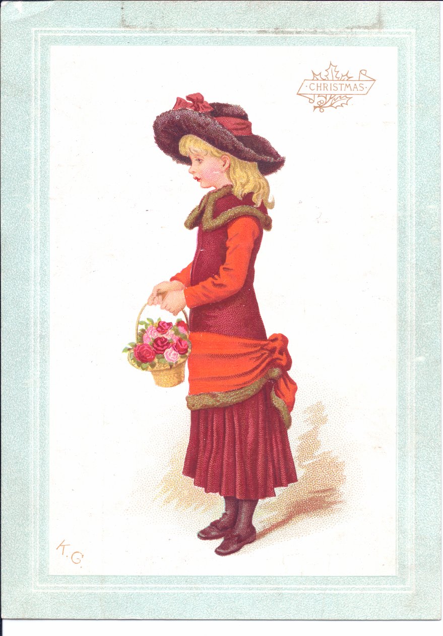 Egy viktoriánus üdvözlőlap egy régensi ruhába öltözött gyermekről, 1880 körül alkotó: Kate Greenaway