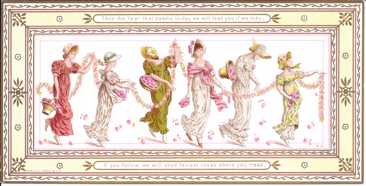 Egy gyermek viktoriánus üdvözlőlapja sárga sállal a nyakában, 1880 körül alkotó: Kate Greenaway