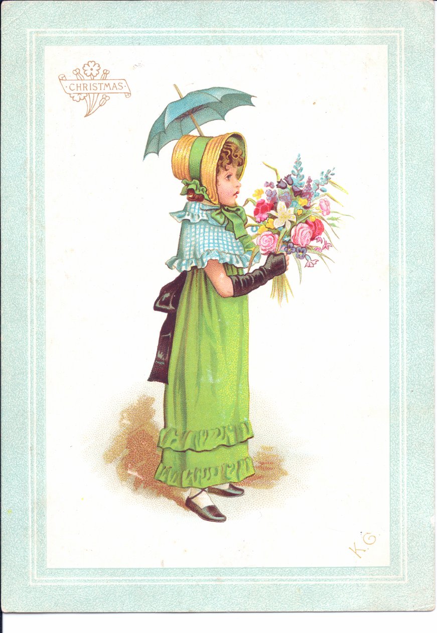Egy viktoriánus üdvözlőlap díszes kosztümös táncoló gyerekekről, 1880 körül alkotó: Kate Greenaway