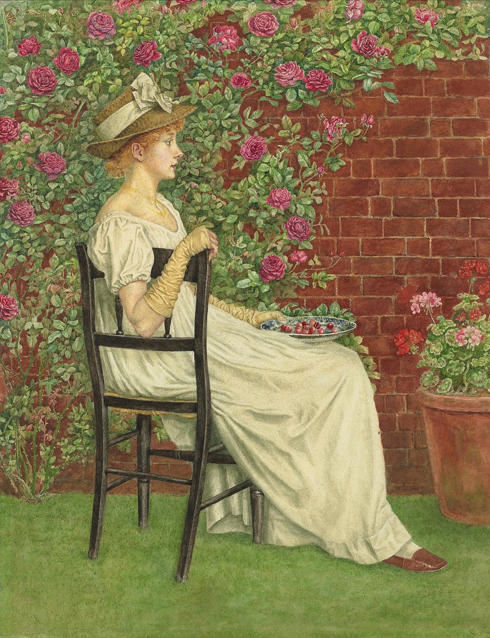 Egy fiatal lány egy széken ül, kezében egy tál cseresznyével, alkotó: Kate Greenaway