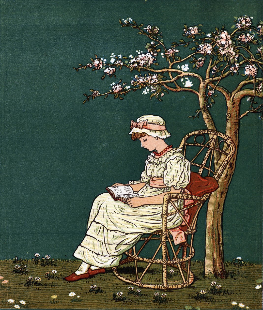 Egy kislány egy orgona alatt olvas. Kate Greenaway (1846-1901) illusztrációja az Edmund Evans által szerkesztett „” Under The Window” (1879) mesék és mondókák gyerekeknek című könyvéből. alkotó: Kate Greenaway