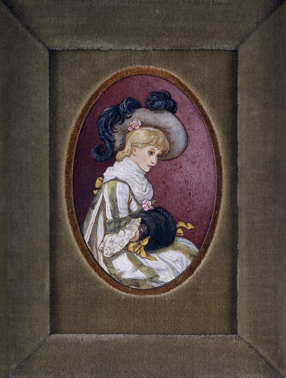 Ovális portré egy szőke lányról, aki tollas kalapot visel, kezével a muffjában alkotó: Kate Greenaway