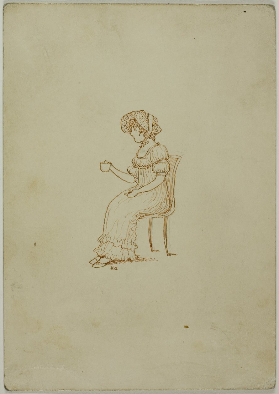Ülő lány kezében teáscsésze alkotó: Kate Greenaway