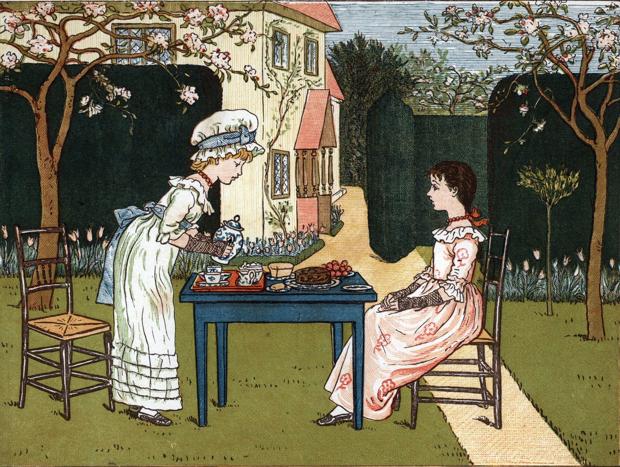 Napszak: két fiatal lány kóstolgatja a kertben. Kate Greenaway (1846-1901) illusztrációja az Edmund Evans által szerkesztett „” Under The Window” (1879) mesék és mondókák gyerekeknek című könyvéből. alkotó: Kate Greenaway