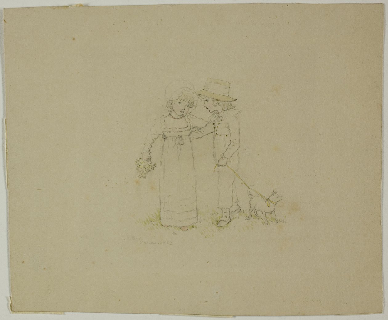 Két gyerek kutyával alkotó: Kate Greenaway