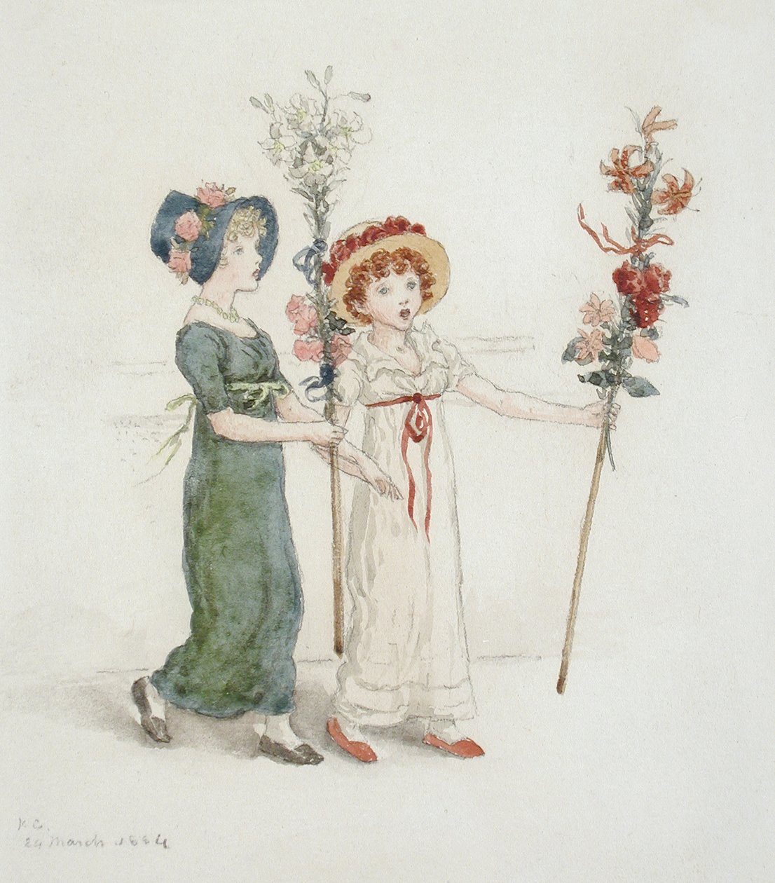 Két gyermek botokkal alkotó: Kate Greenaway