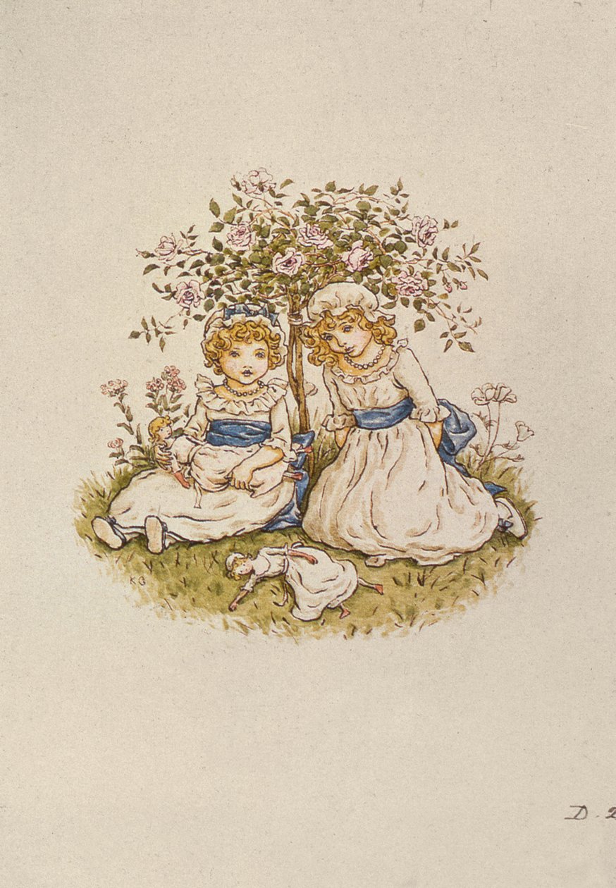 Két lány babákkal ül egy rózsabokor alatt, 19. század alkotó: Kate Greenaway