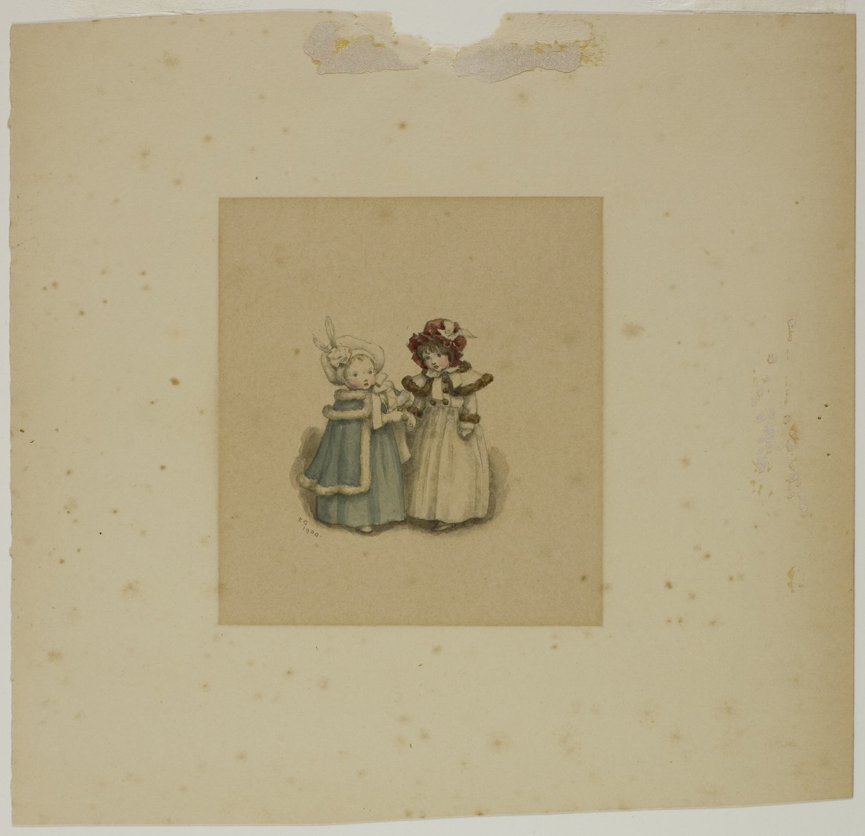 Két kislány szőrmeszegélyes kabátban alkotó: Kate Greenaway