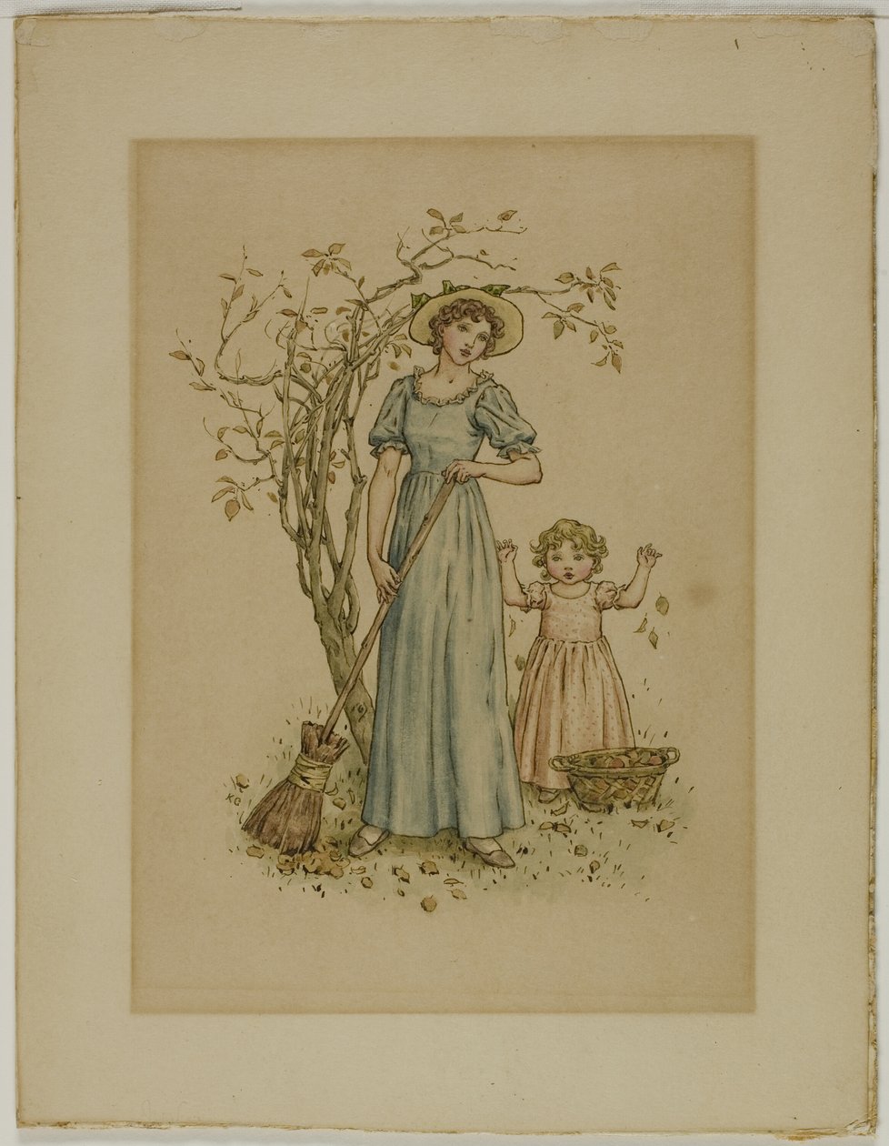 Nő seprűvel és kislánnyal alkotó: Kate Greenaway