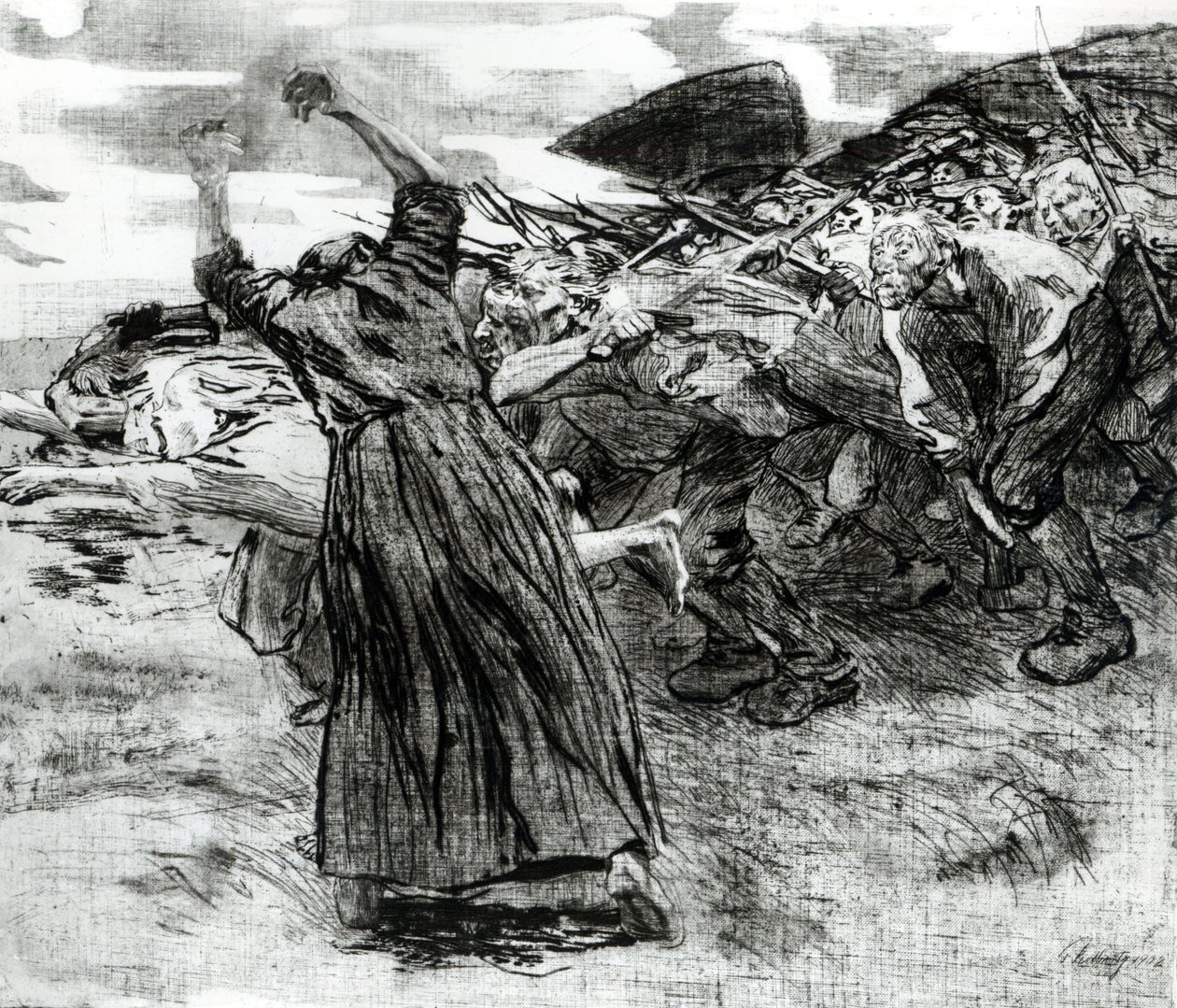 Kitörés, 5. tábla a „Parasztlázadás” sorozatból, 1908 (rézkarc és metszet) alkotó: Käthe Kollwitz