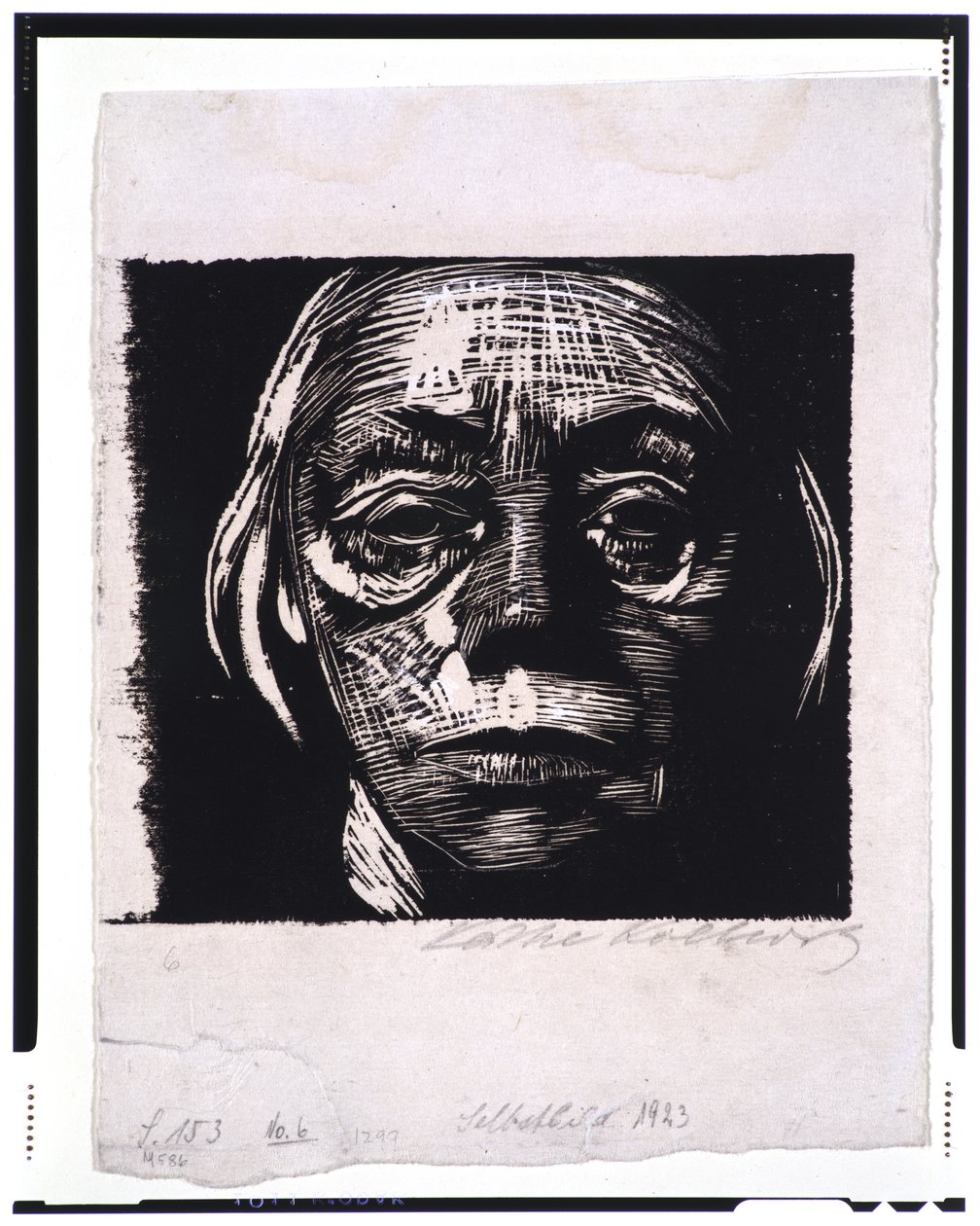 Önarckép, 1923 (fametszet, megérintett próbanyomat szőtt papíron) alkotó: Käthe Kollwitz