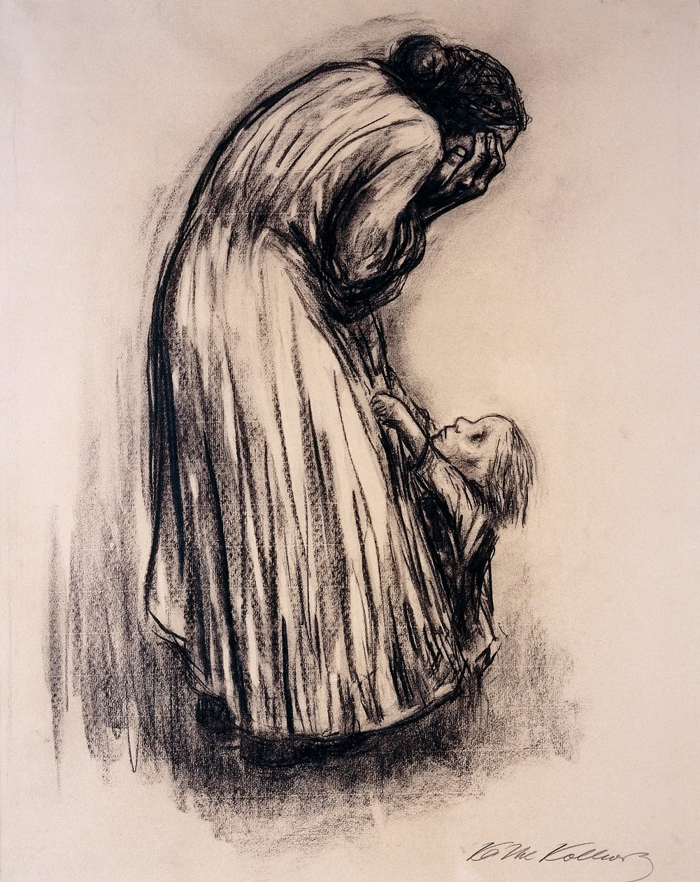 Kétségbeesett nő gyermekkel, alkotó: Käthe Kollwitz