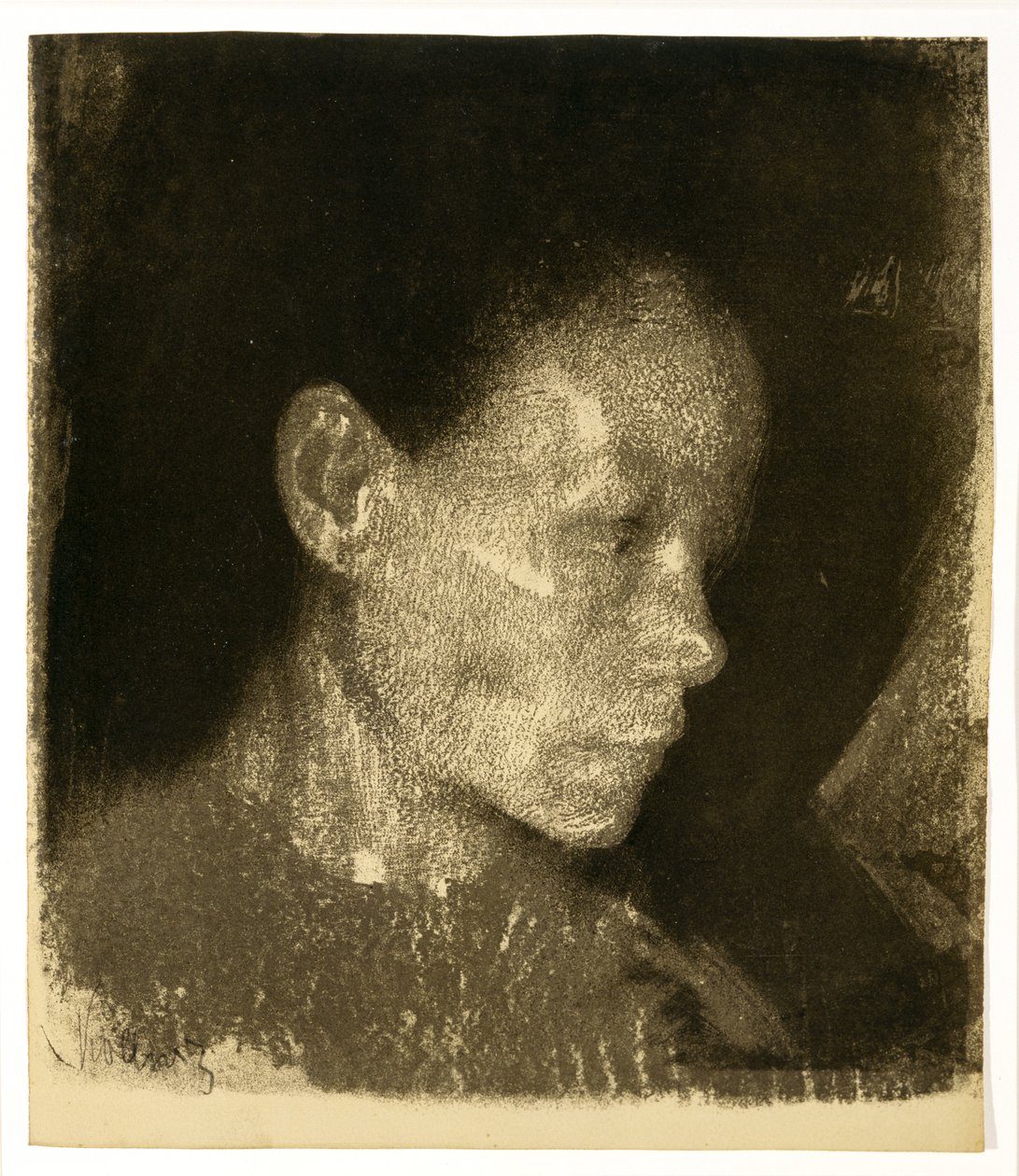 Egy dolgozó nő feje háromnegyedes profilban jobbra fordulva, 1905 (litó, barna papíron) alkotó: Käthe Kollwitz