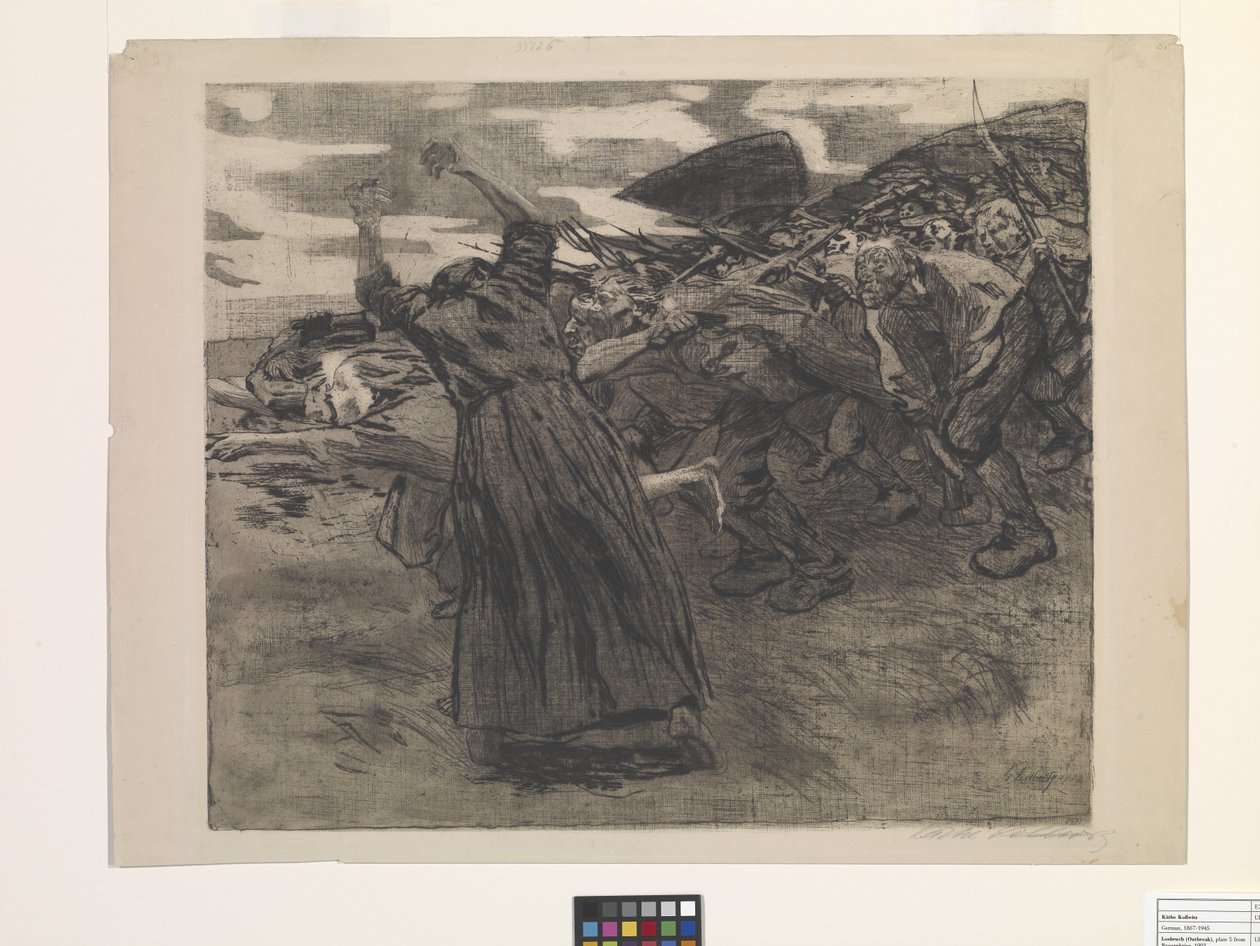Losbruch (Outbreak) (rézkarc és lágy őrölt rézkarc) alkotó: Käthe Kollwitz