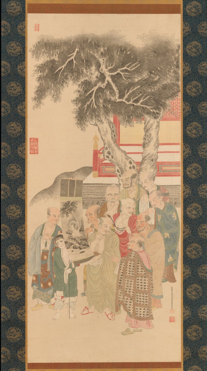 Tíz rakán fehér köpenyes Kannon festményét vizsgálja, 1792. alkotó: Kato Nobukiyo