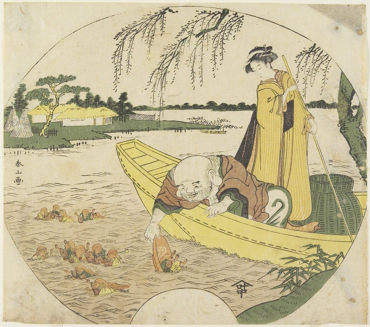 (Hotei God on a Boat, amely Sho_jo_ goblinokat fog el egy szaké pohárral), 1782-1789 alkotó: Katsukawa Shunzan