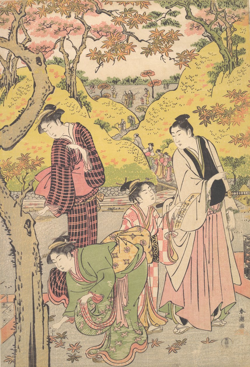 Egy fiatal férfi, két fiatal nő és egy lány egy piknikpartin, kb. 1789. alkotó: Katsukawa Shuncho