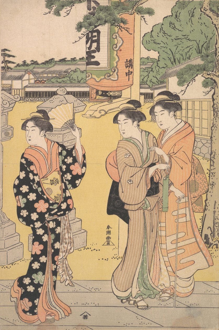 Vásárlátogatók egy buddhista templom épületében, kb. 1789. alkotó: Katsukawa Shuncho