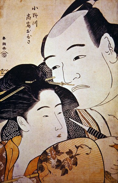 A japán birkózó Onagawa és a teaházas lány, Ohisa, 1792 körül (fatömbnyomat) alkotó: Katsukawa Shuncho