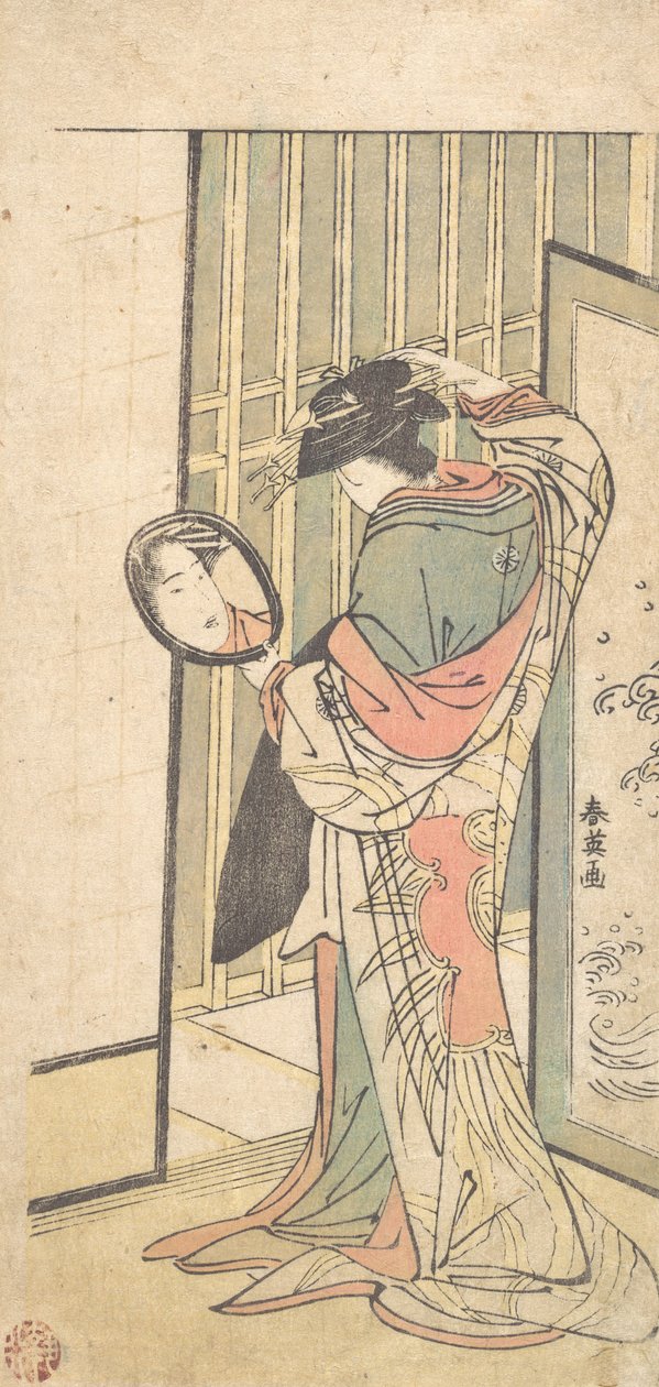 Egy udvarhölgy a tükörképét nézi egy kéztükörben, kb. 1787. alkotó: Katsukawa Shun