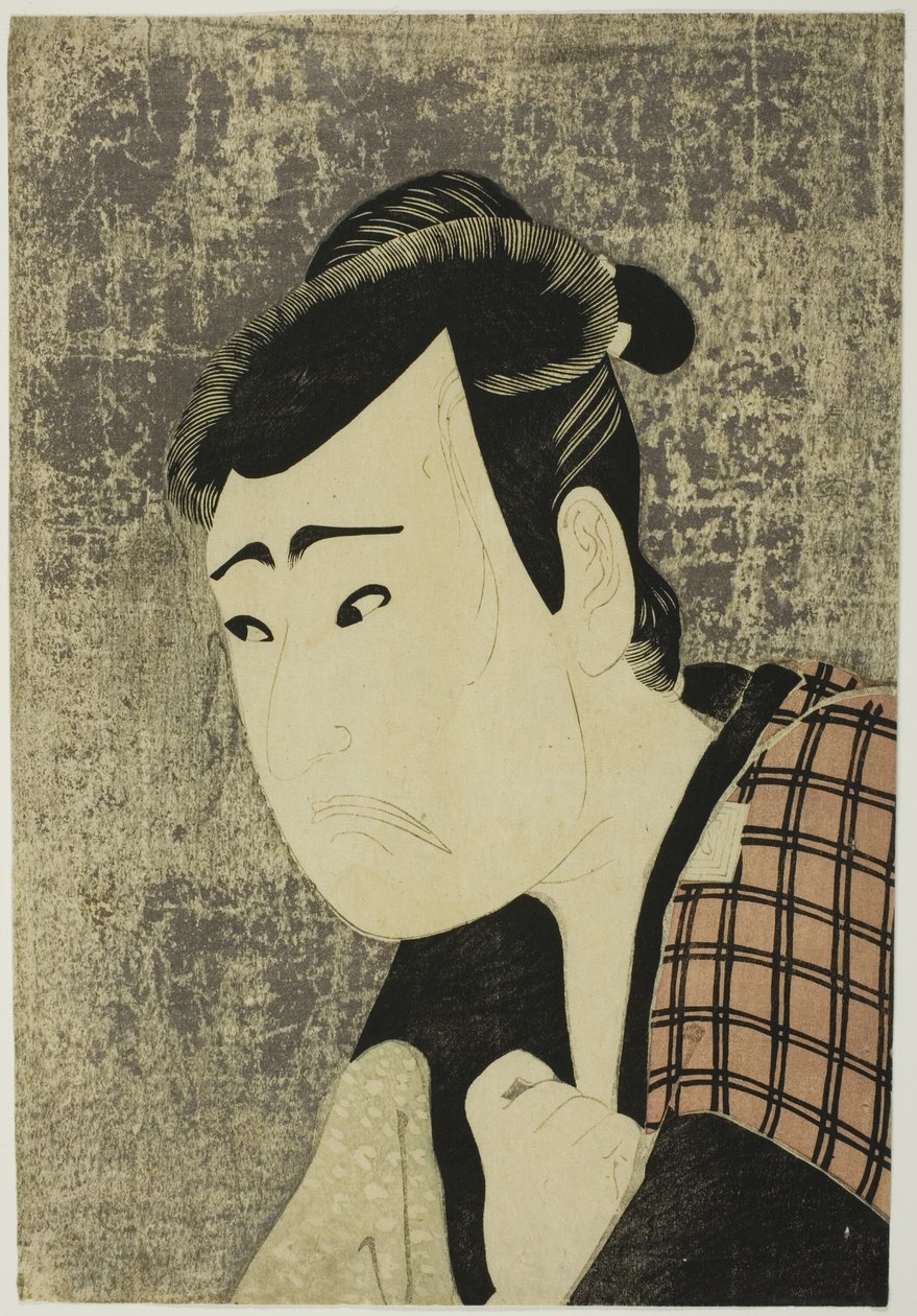 Ichikawa Yaozo III. színész mellportréja Tanabe Bunzo szerepében a Hana-ayame Bunroku Soga (Virágzó írisz: Soga vendetta a Bunroku-korszakból) című darabban, amelyet a Miyako Színházban adtak elő az ötödik hónap ötödik napjától, 1794-től. alkotó: Katsukawa Shun