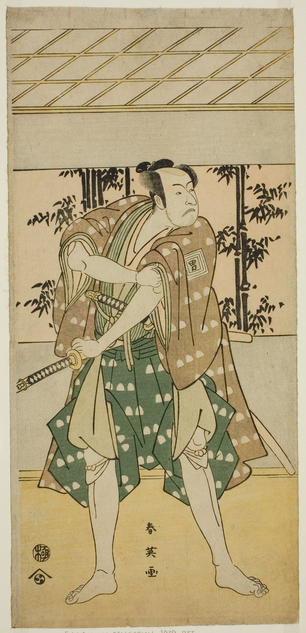 Ichikawa Omezo I. színész mint Takihei () csónakos Takihei () az Ofunamori Ebi no Kaomise () című darabban, amelyet a Kawarazaki Színházban () adtak elő 1792 tizenegyedik hónapjában (). alkotó: Katsukawa Shun