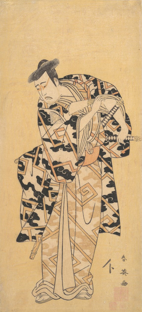 A színész Ichikawa Yaozo III, mint Fuwa Banzaemon mennydörgés köntösben, Játék egy rajongóval, 1794. alkotó: Katsukawa Shun