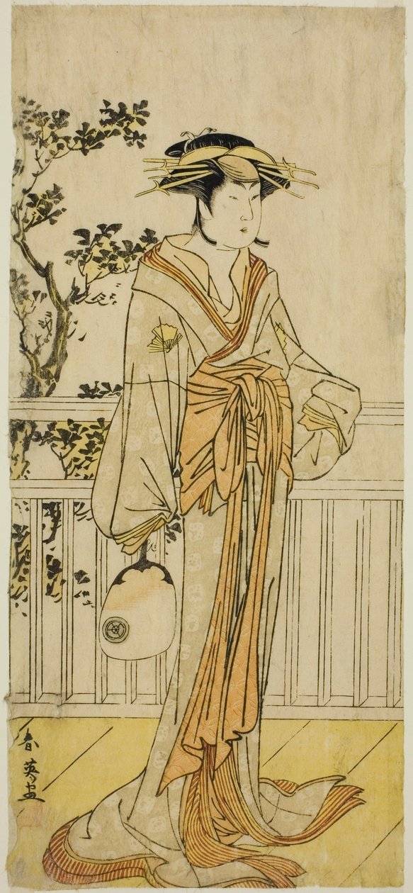 Iwai Hanshiro IV. színész mint Okumi a Mieido Fan Shopból () a Sanjuk-koku Yobune no Hajimari () című színdarabban, amelyet az Ichimura Színházban () adtak elő 1789 ötödik hónapjában (). alkotó: Katsukawa Shun