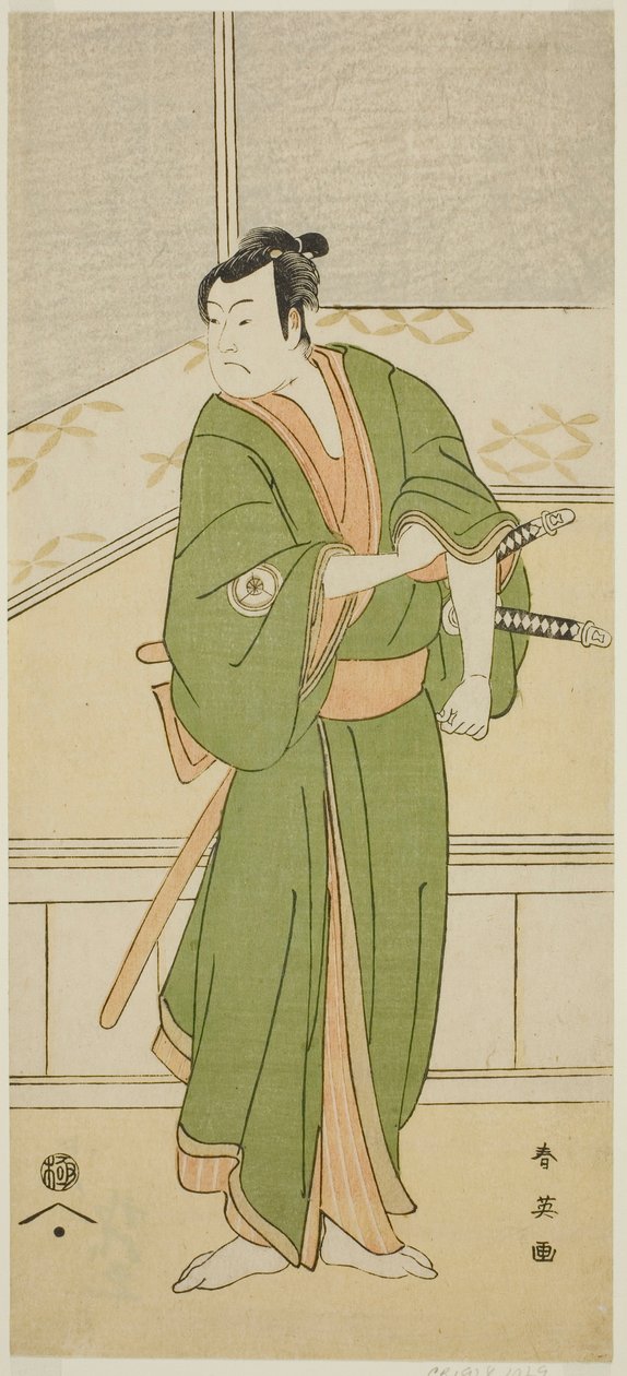 Iwai Hanshiro IV. színész mint Shirai Gompachi a Gozen-gakari Sumo Soga című darabban, amelyet a Kawarazaki Színházban adtak elő 1793 második hónapjában. alkotó: Katsukawa Shun