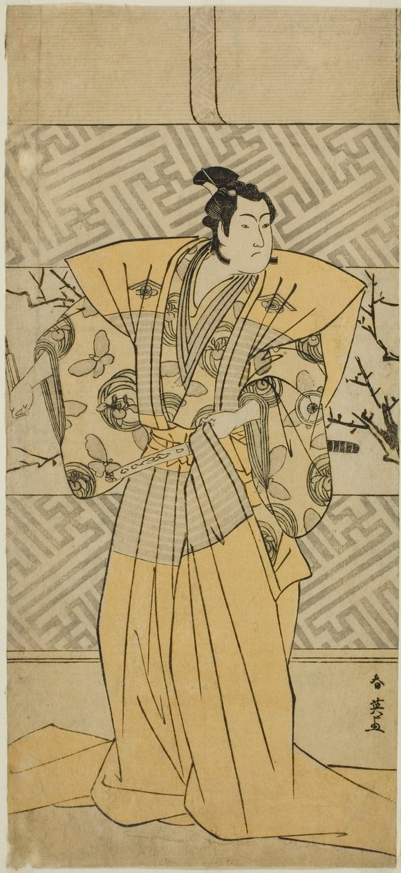 Iwai Hanshiro IV. színész mint Soga no Goro Tokimune a Koi no Yosuga Kanegaki Soga című darabban, amelyet az Ichimura Színházban adtak elő az első hónapban, 1789-ben. alkotó: Katsukawa Shun