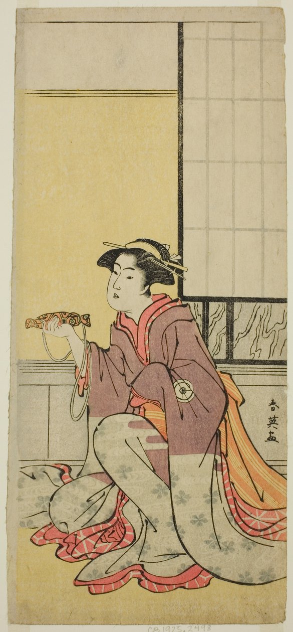 Iwai Hanshiro IV. színész mint Yae (), a Sugawara Denju Tenarai Kagami () című darabban, amelyet a Kiri Színházban () adtak elő 1788 hetedik hónapjában (). alkotó: Katsukawa Shun