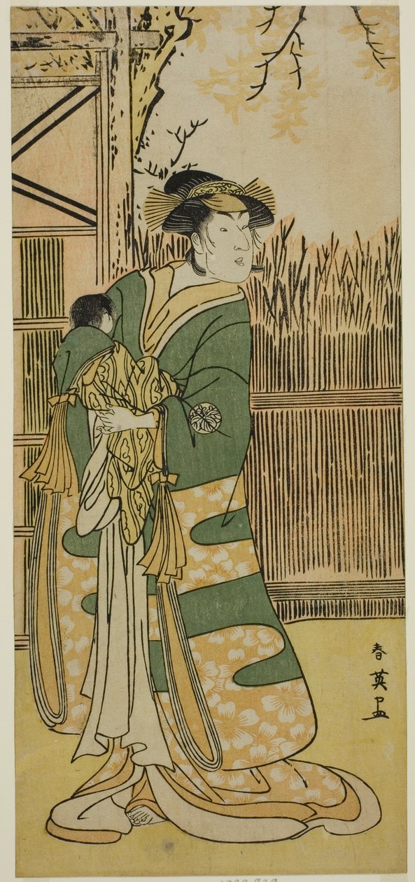 Nakayama Tomisaburo I. színész mint Tokiwa úrnő (Tokiwa Gozen) () a Kimmenuki Genke no Kakutsuba () című darabban, amelyet az Ichimura Színházban () adtak elő 1791 tizenegyedik hónapjában (). alkotó: Katsukawa Shun