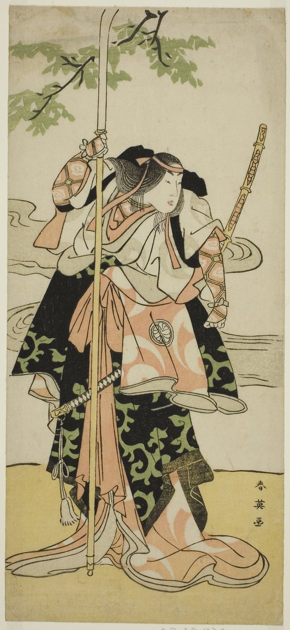 A színész Segawa Kikunojo III mint Lady Tomoe (Tomoe Gozen) a Yasa Gumbai Miyako no Jindori című darabban, amelyet a Miyako Színházban adtak elő a tizenegyedik hónapban, 1793 körül (színes fametszet; hosoban). alkotó: Katsukawa Shun