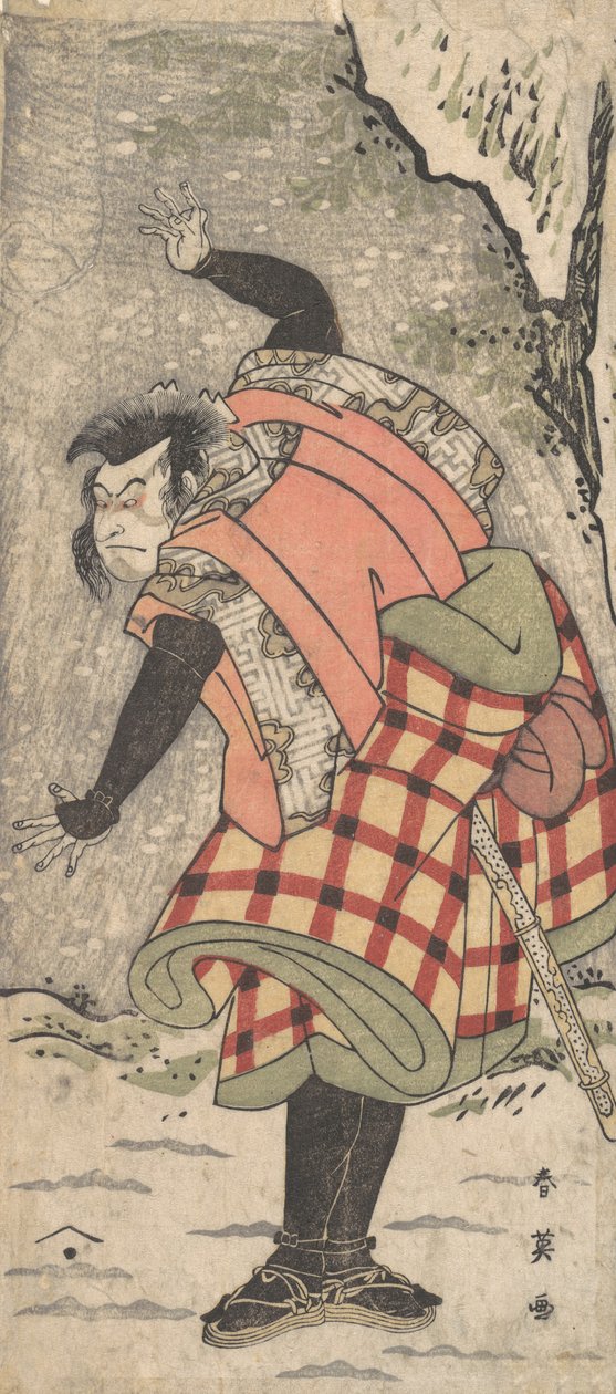 Azonosítatlan színész, mint Kyokaku, aki egy szikla lábánál áll a hóviharban, kb. 1793. alkotó: Katsukawa Shun