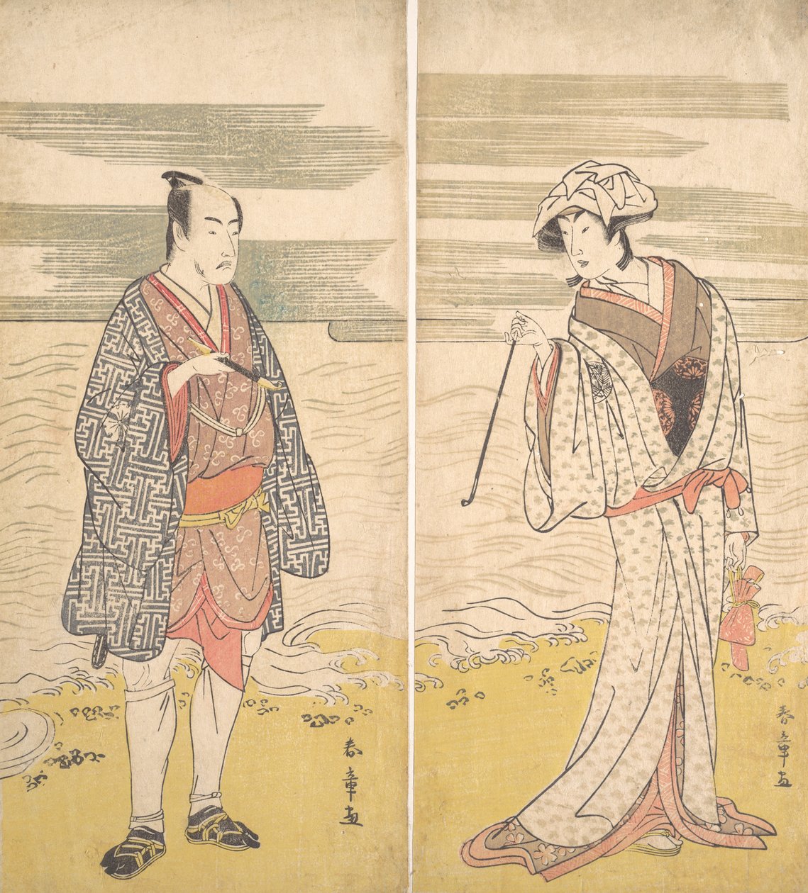 Két színész: a negyedik Matsumoto Koshiro, mint egy rövid kimonóba öltözött férfi [balra], 1779. alkotó: Katsukawa Shunjo