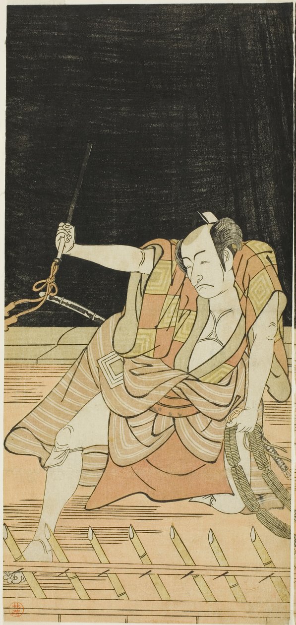 Nakamura Nakazô I. mint Danshichi Kurobei és Ichikawa Danjűrô V. mint Issun Tokubei a "Tükör Oszaka nyári fesztiválján" ("Natsu MatsuriNaniwa Kagami") című filmben. alkotó: Katsukawa Shunkо̄