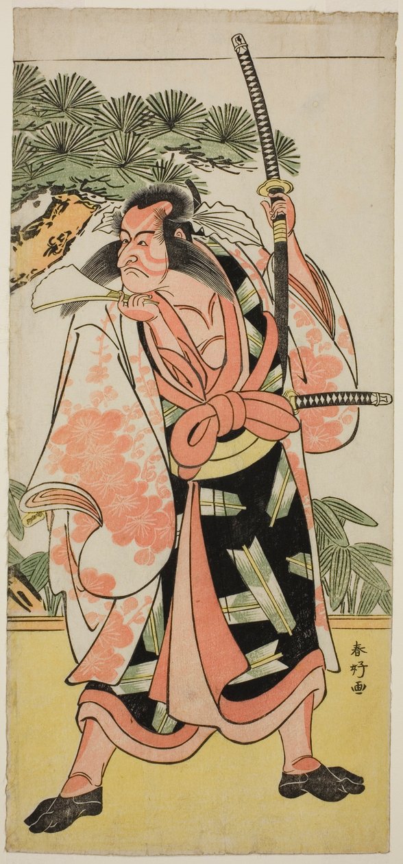 A színész Ichikawa Danjuro V. mint Kajiwara Genta Kagesue a Yuki Nazuna Saiwai Soga című darabban, amelyet a Kiri Színházban adtak elő az első hónapban, 1787-ben. alkotó: Katsukawa Shunkо̄