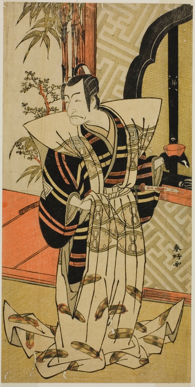 Ichikawa Danjuro V. színész mint Kajiwara Heiji () a Hiragana Seisuiki () című darabban, amelyet a Morita Színházban () adtak elő 1776 harmadik hónapjában (). alkotó: Katsukawa Shunkо̄