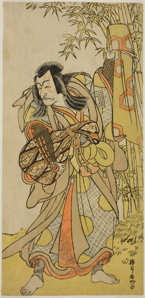 A színész Ichikawa Danjuro V mint Kazusa no Akushichibyoe Kagekiyo vak udvari zenésznek (Kengyo) álcázva az Edo Meisho Midori Soga című darabban, melyet a Morita Színházban adtak elő 1779 negyedik hónapjában. alkotó: Katsukawa Shunkо̄