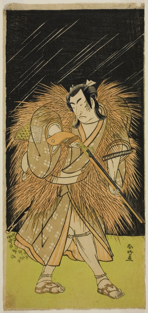 Ichikawa Monnosuke II. színész mint Hayano Kampei a Kanadehon Chushin Najori no Kura című darabban, amelyet a Nakamura Színházban adtak elő 1780 kilencedik hónapjában. alkotó: Katsukawa Shunkо̄
